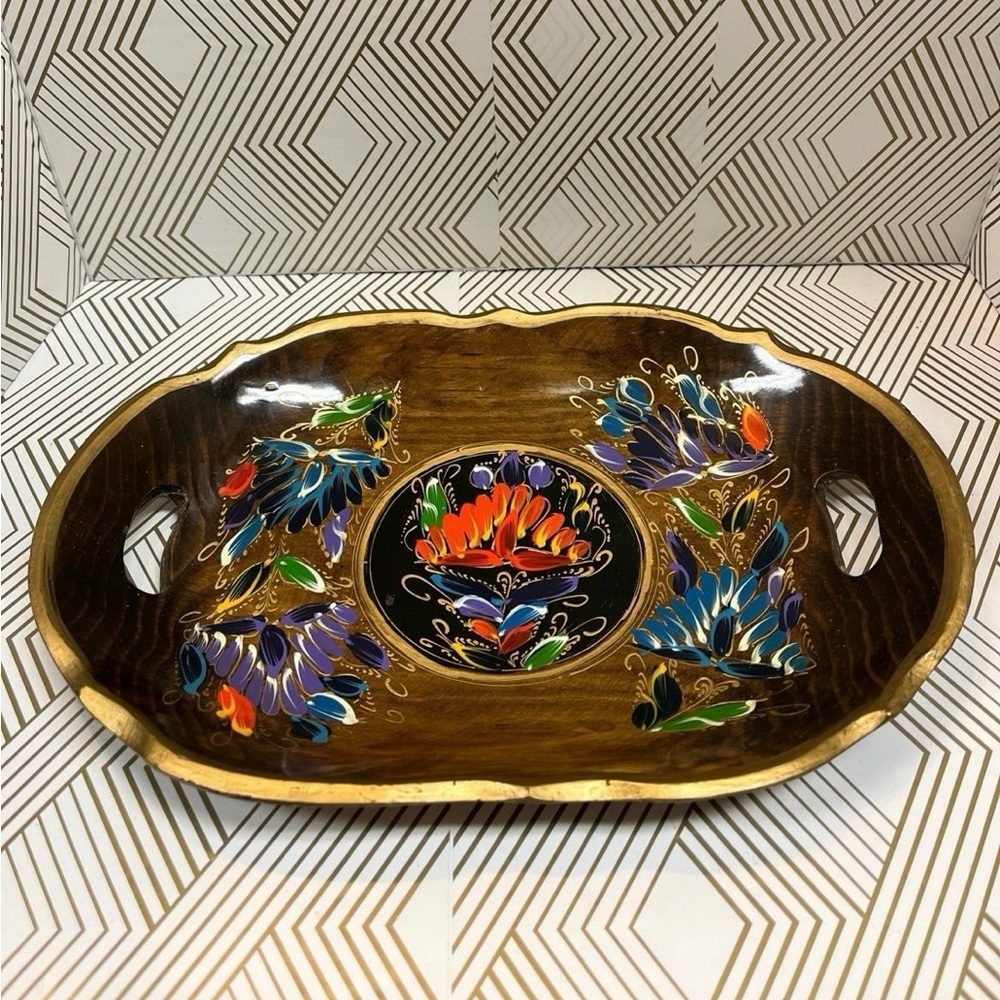 Vintage Hand Painted Mexican Lacquered Wood Folk Art Tray